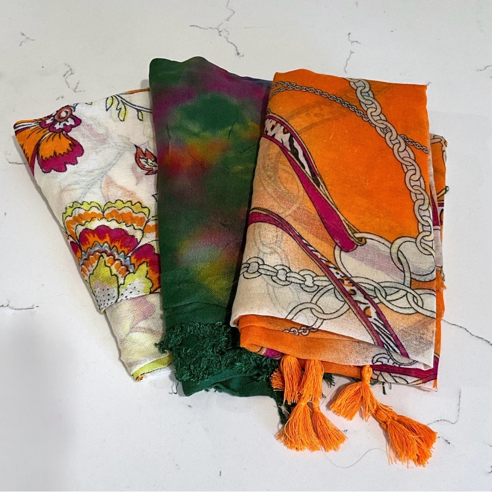 Fashion Scarves Lot Of Three (3) Oranges Yellow Green